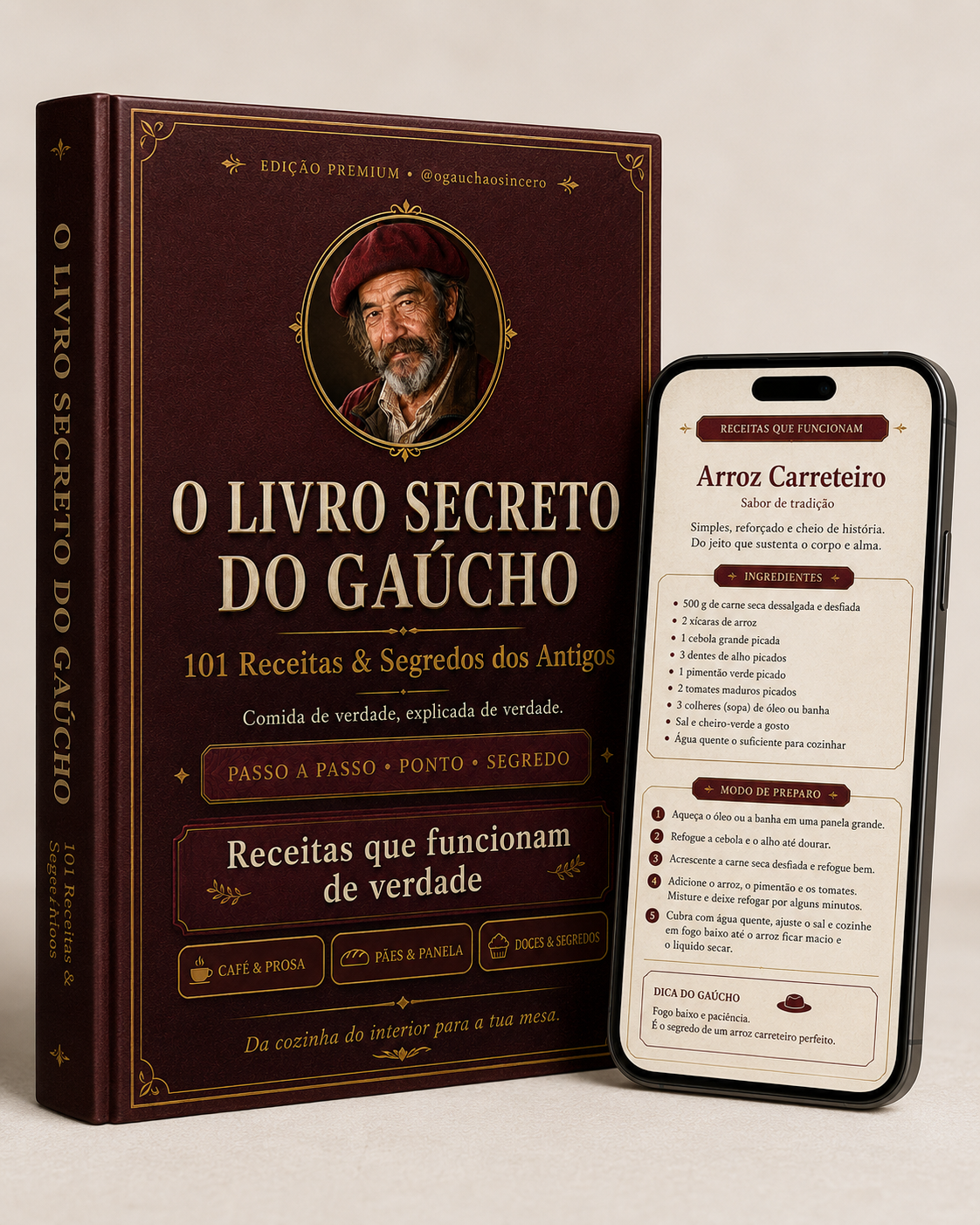 Livro e celular mostrando uma receita por dentro